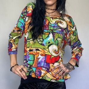 Mirror Image Art To Wear Abstract Graffiti Print Sequin Top Y2K Boho Slouchy L